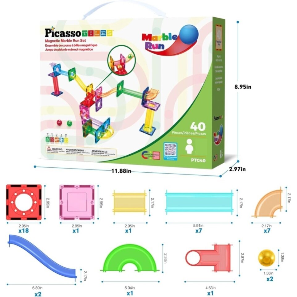 PICASSO TILES Magnetinis konstruktorius Marble Run 40 det. (+3m) 1