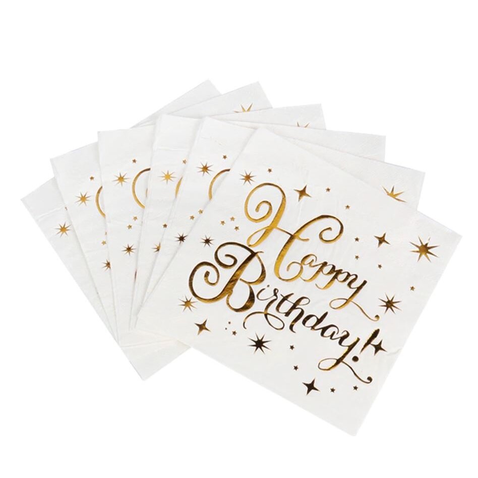 Servetėlės balta ir auksas"Happy birthday" (10vnt) Servetėlės balta ir auksas"Happy birthday" (10vnt)