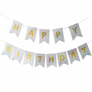 Šventinė girlianda "Happy birthday" (sidabrinė holografinė/180cm)