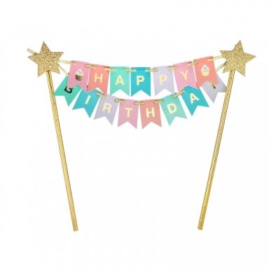 Torto dekoracija "Happy Birthday" (auksinė-pastelinė/26cm)