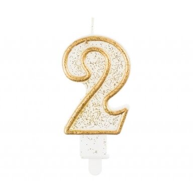 Žvakutė skaičius 2 "Balta su auksu" (6,5cm)