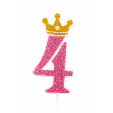 Žvakutė 4 rožinė blizganti su karūna (9cm) Žvakutė 4 rožinė blizganti su karūna (9cm)
