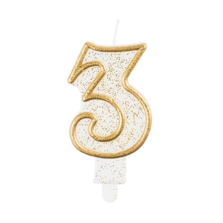 Žvakutė skaičius 3 "Balta su auksu" (6,5cm) Žvakutė skaičius 3 "Balta su auksu" (6,5cm)