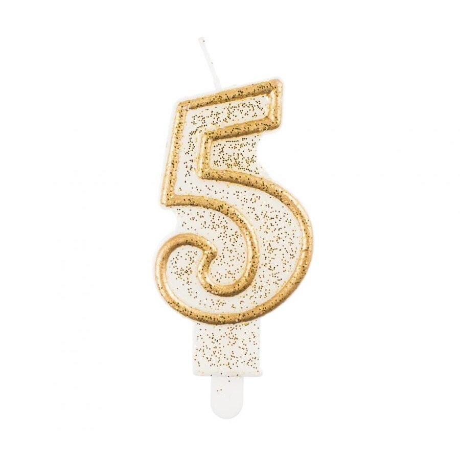 Žvakutė skaičius 5 "Balta su auksu" (6,5cm) Žvakutė skaičius 5 "Balta su auksu" (6,5cm)